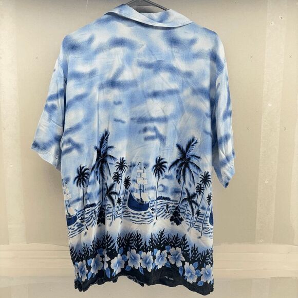 Pacific & Co Hawaiian Shirt Mens Large Blue Boats Floral Palm Trees Skyline - Picture 6 of 6